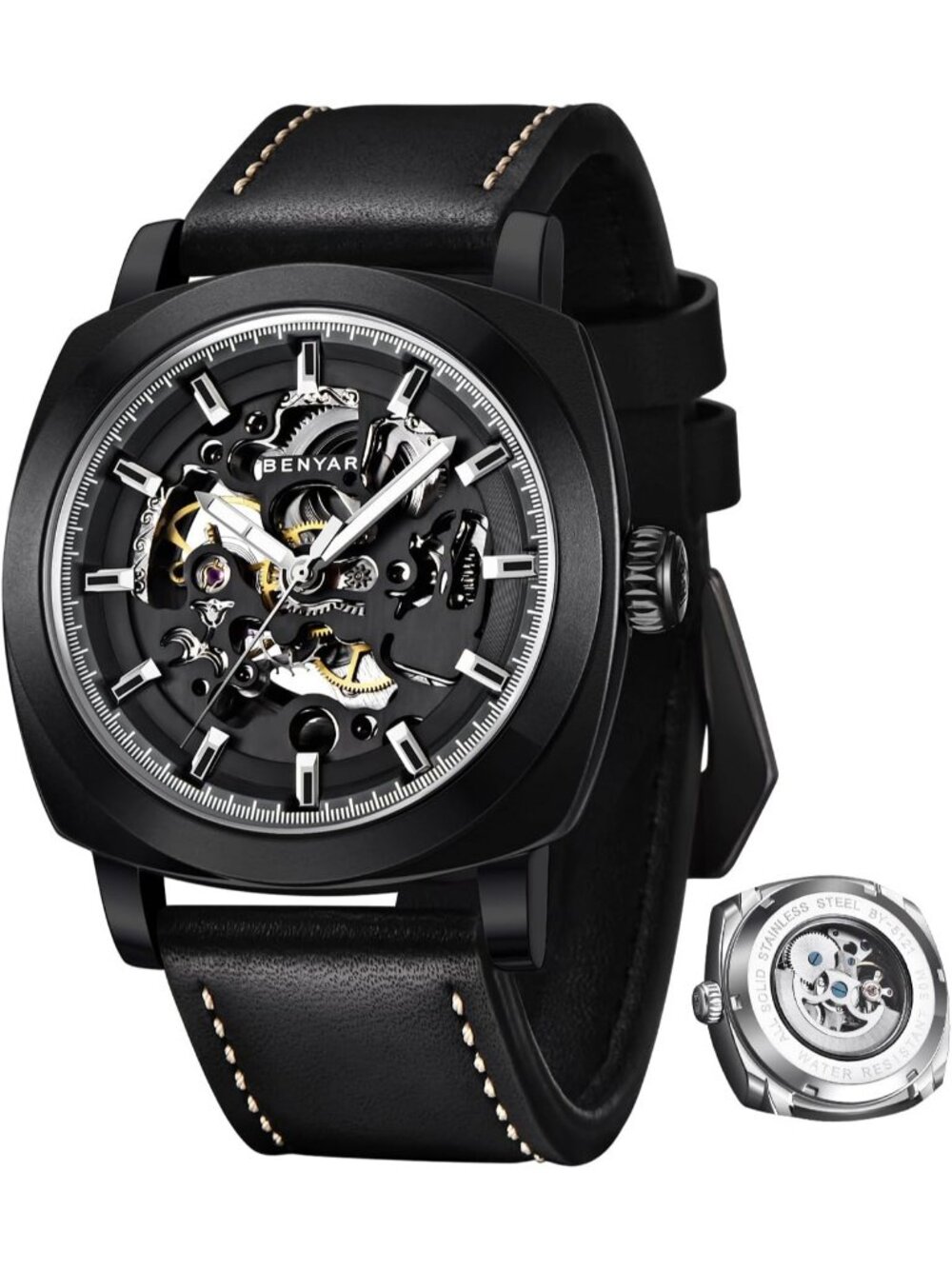 Men's Black Leather Strap 45mm Skeleton Dial Mechanical Automatic Wrist Watch